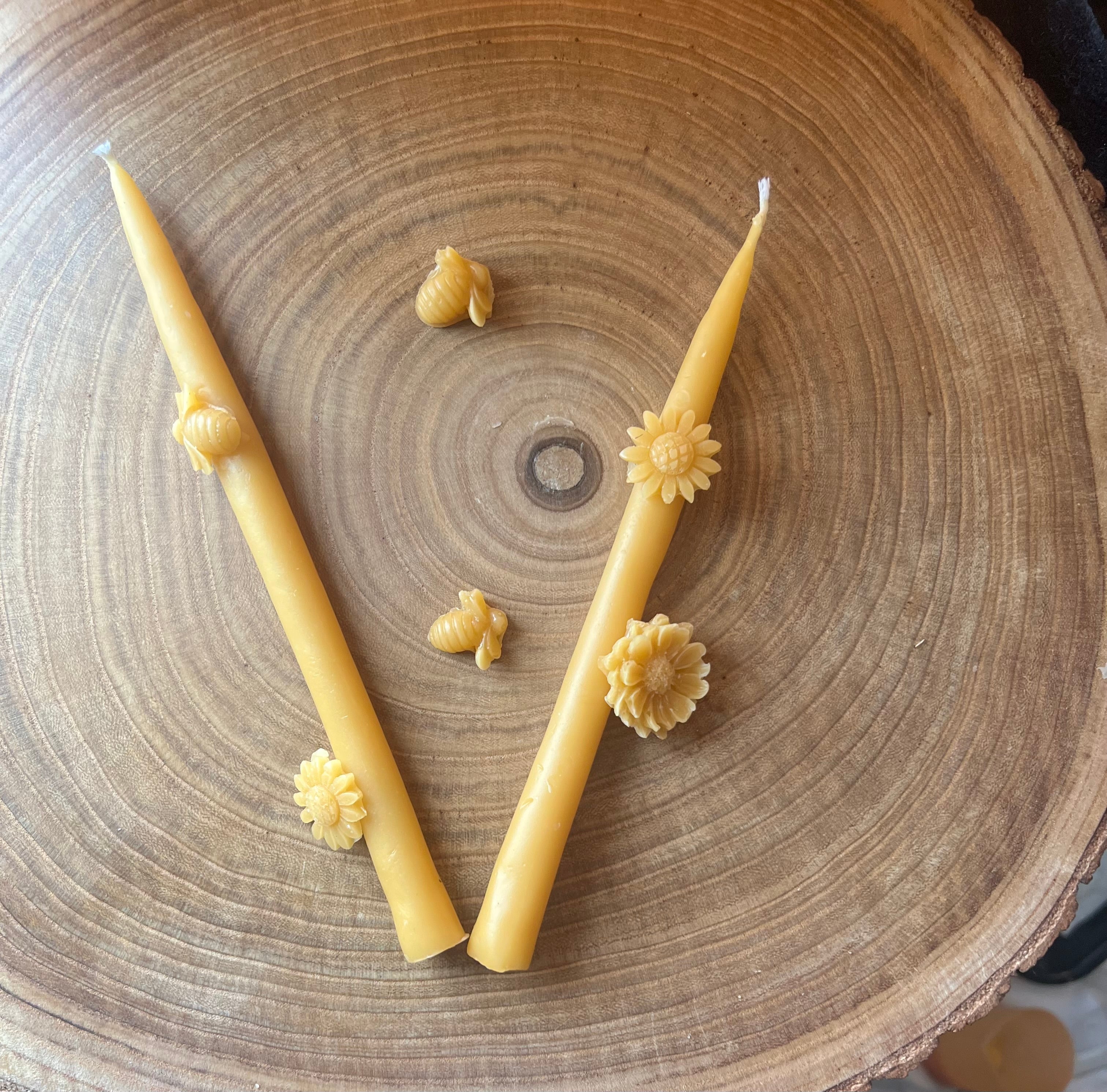 Honey Bee & Sunflower Beeswax Taper Candles – Hand Dipped Pure Beeswax – Set of Two – Natural Honey Candle – Hearth & Home Candle