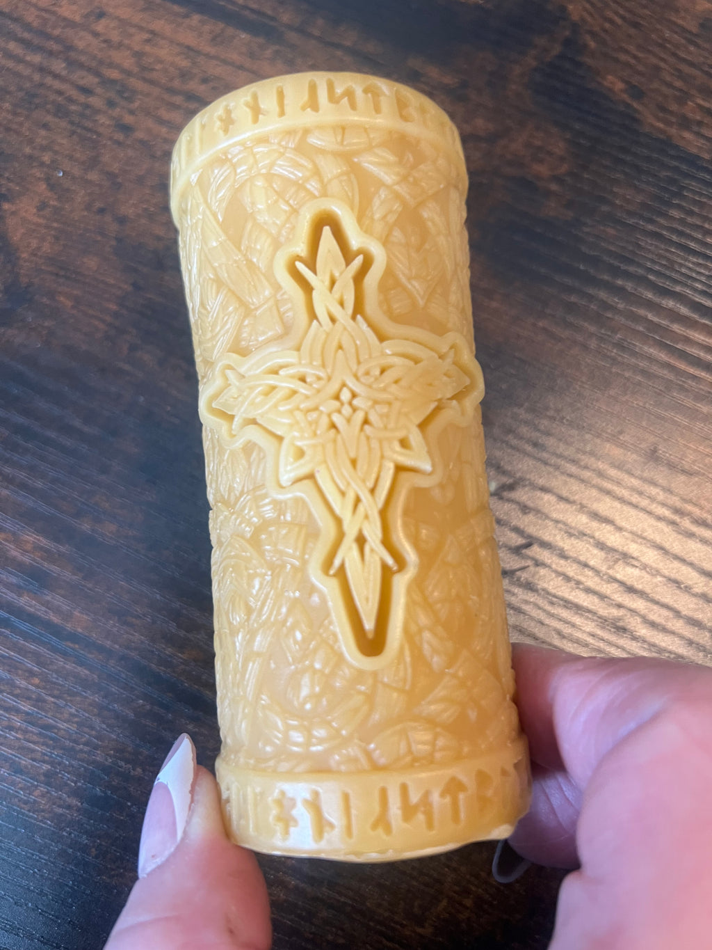 Handcrafted Beeswax Pillar Candle – Nordic Rune Design – 4 Inch Natural Beeswax Candle