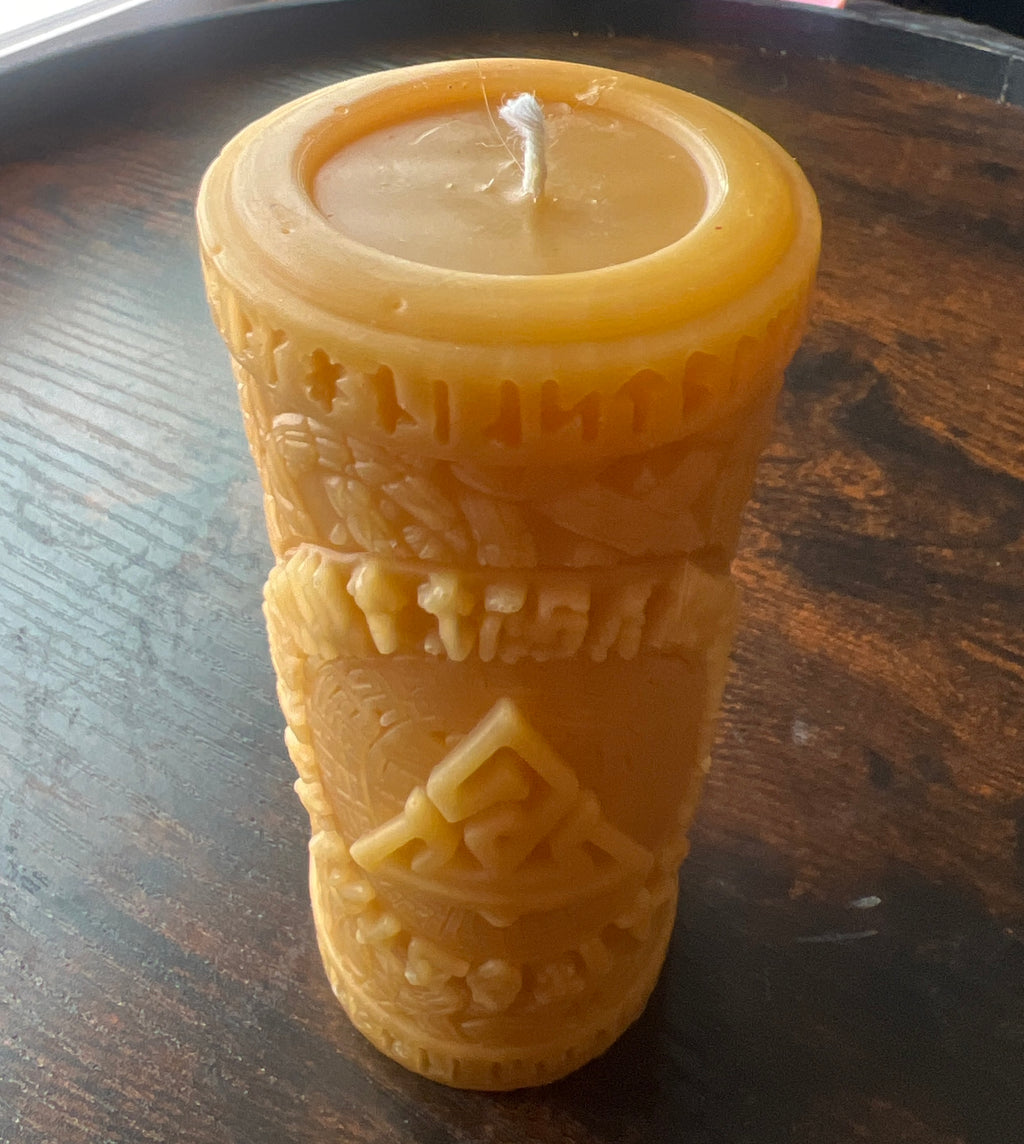 Handcrafted Beeswax Pillar Candle – Nordic Rune Design – 4 Inch Natural Beeswax Candle