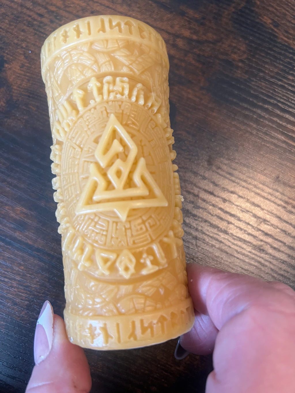 Handcrafted Beeswax Pillar Candle – Nordic Rune Design – 4 Inch Natural Beeswax Candle