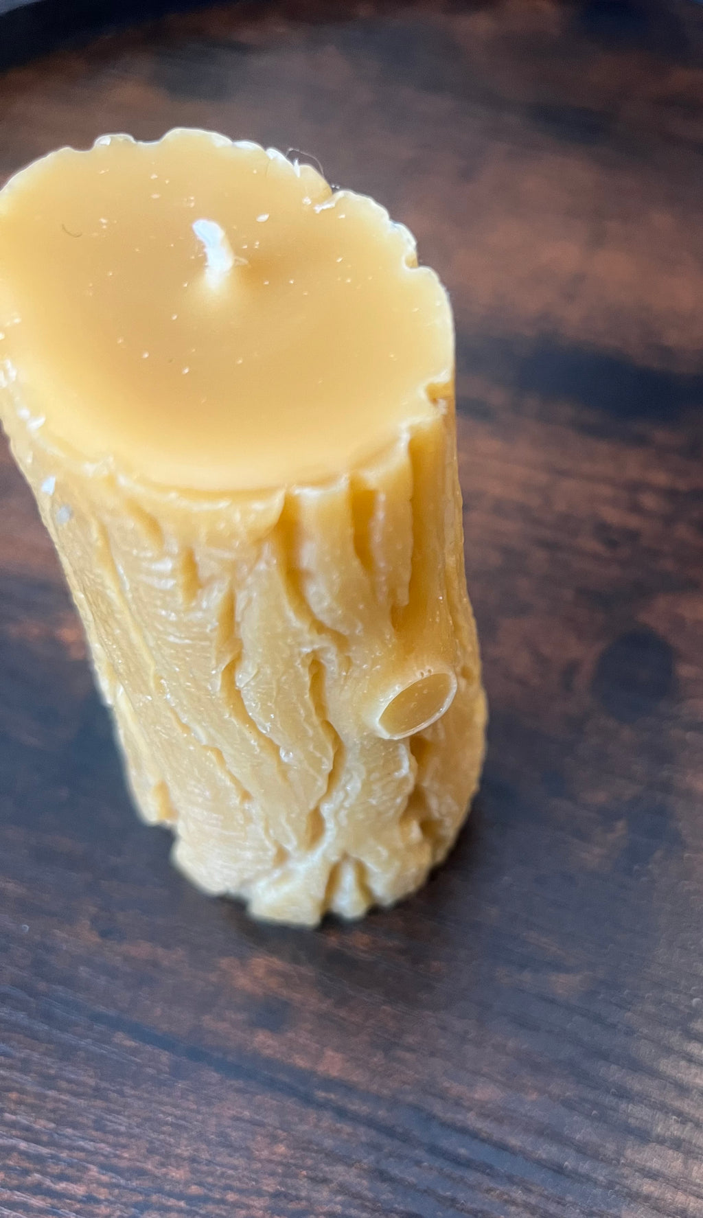Natural Beeswax Tree Stump Candle – Rustic Pillar Candle – Handcrafted 4 Inch Beeswax
