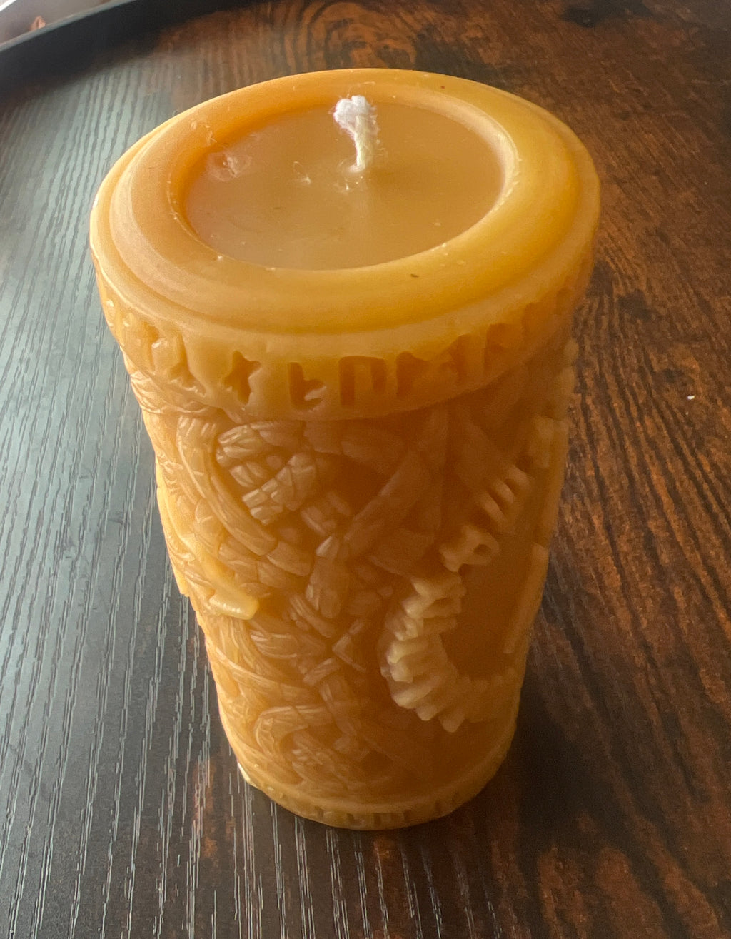 Handcrafted Beeswax Pillar Candle – Nordic Rune Design – 4 Inch Natural Beeswax Candle